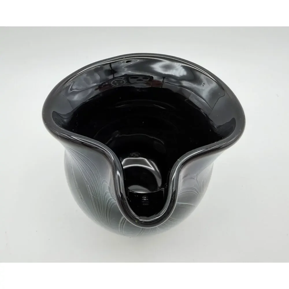 Hand Blown Black Glass Creamer Pitcher 3” Pulled Feather Design Signed Dated ‘72